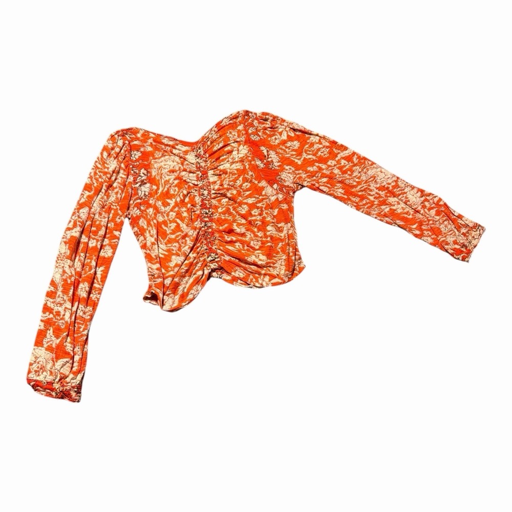Free People Say The Word Floral Print Ruby Red Ruched Top Long Sleeve Blouse M - Picture 9 of 12